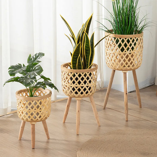 Bamboo Woven Flower Pot with Stand  Plant