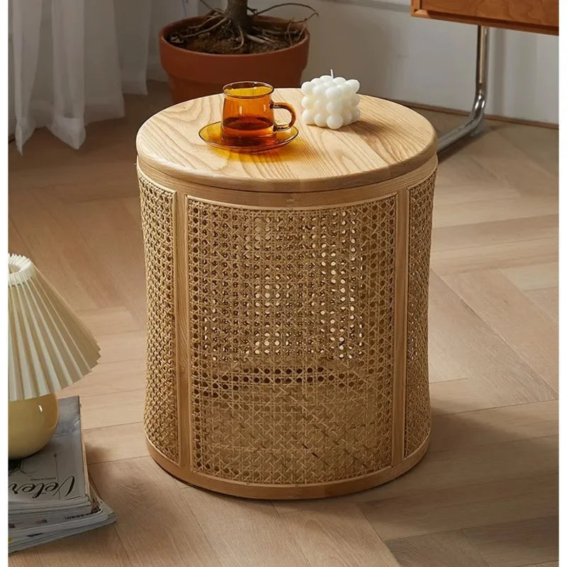 Bedside Table Solid Wood Rattan