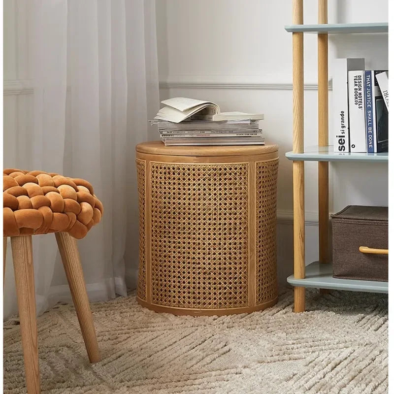 Bedside Table Solid Wood Rattan