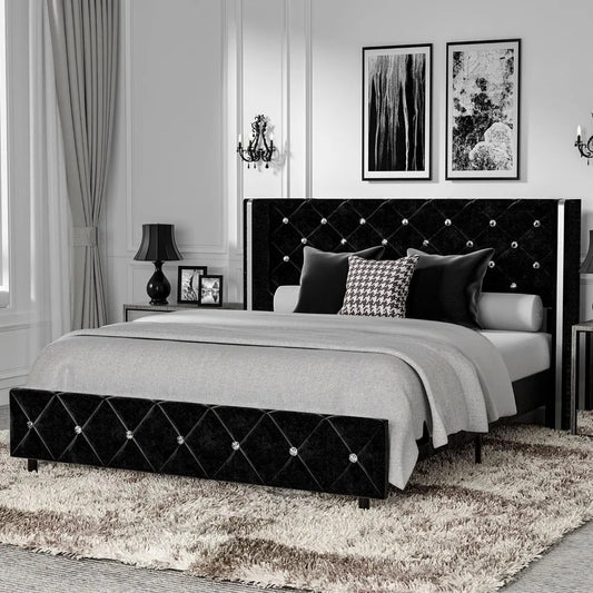 Bed Frame Wingback, Upholstered, Diamond Tufted Headboard and Footboard