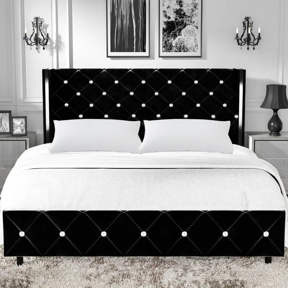 Bed Frame Wingback, Upholstered, Diamond Tufted Headboard and Footboard