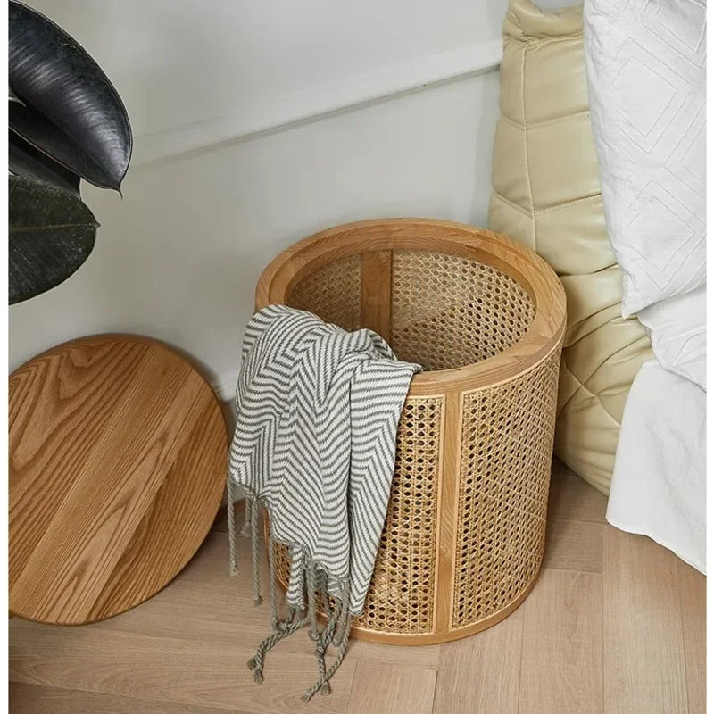 Bedside Table Solid Wood Rattan