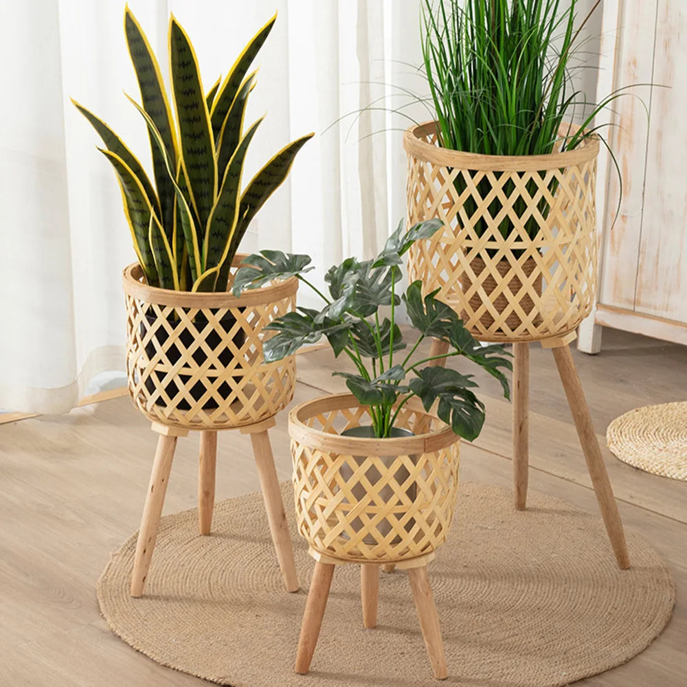 Bamboo Woven Flower Pot with Stand  Plant