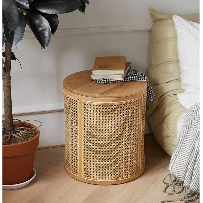 Bedside Table Solid Wood Rattan