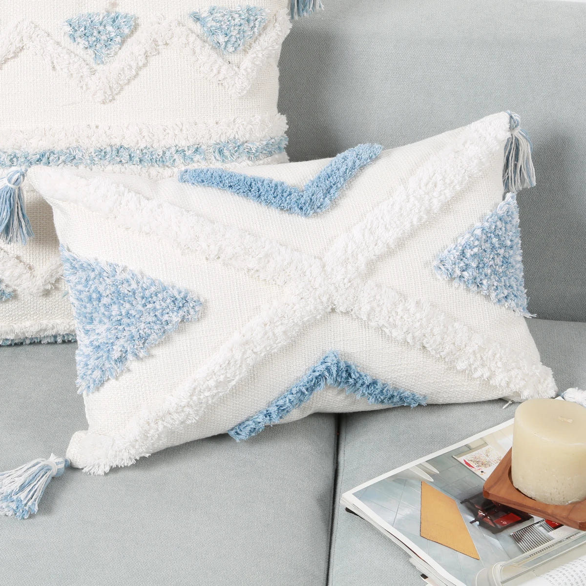 1Pc Blue Geometric Pattern Tufted Throw Pillow Covers