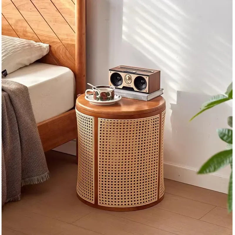 Bedside Table Solid Wood Rattan