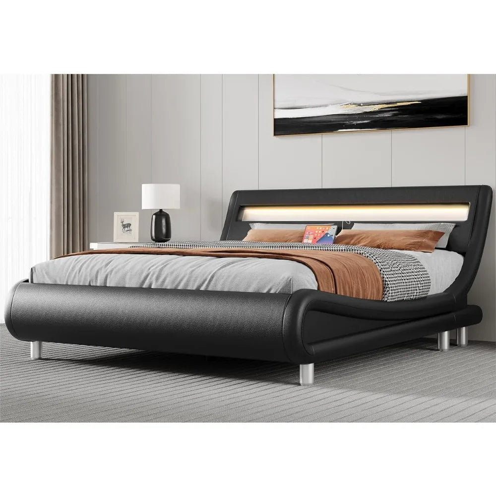 Ergonomic upholstered Led bed frame with light and charging station, premium Pu leather platform bed frame